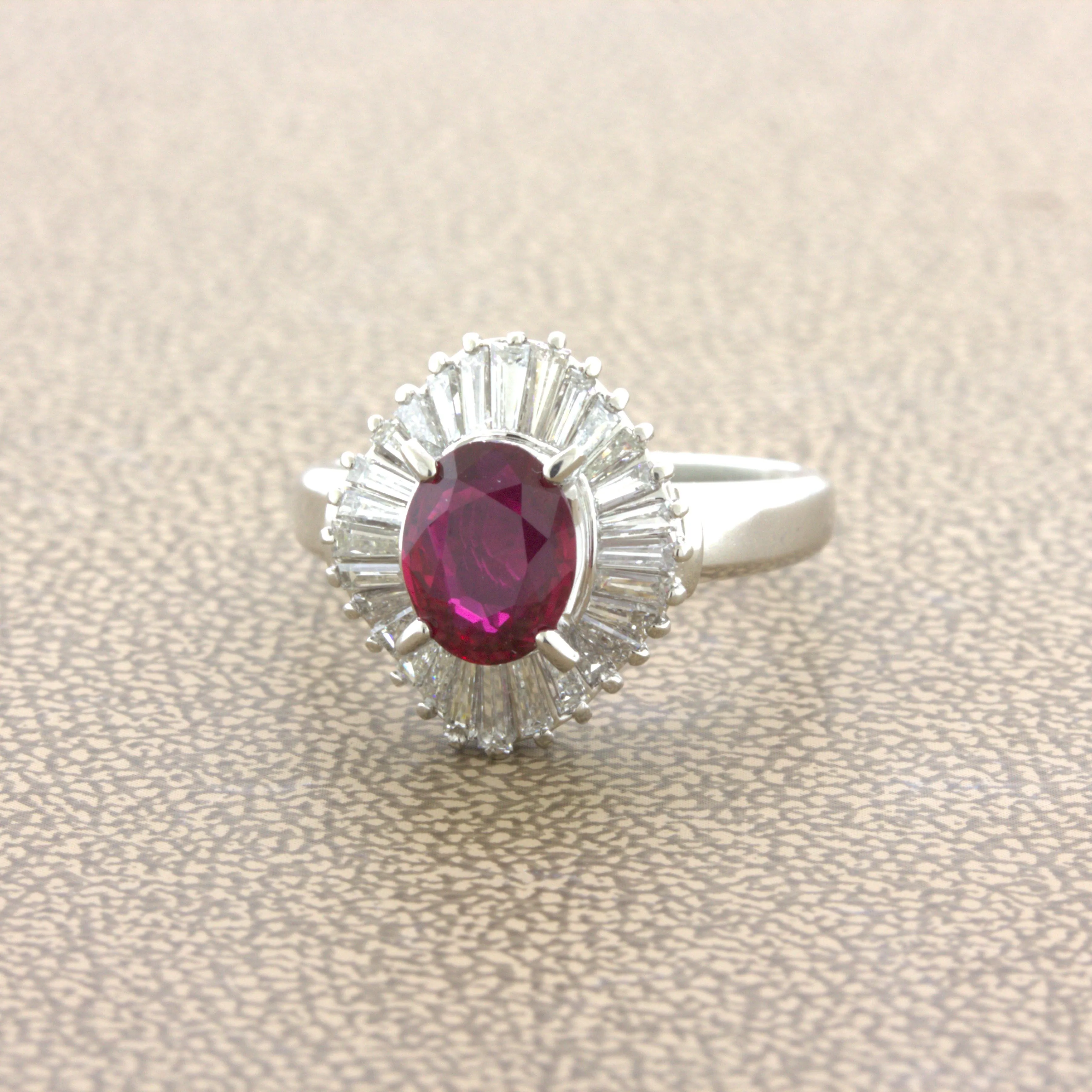 1.32 Carat No-Heat Ruby Diamond Platinum Ballerina Ring, GIA Certified