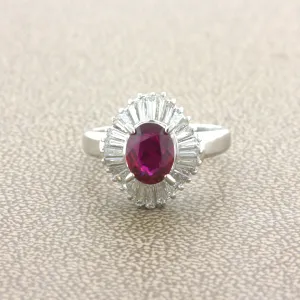 1.32 Carat No-Heat Ruby Diamond Platinum Ballerina Ring, GIA Certified