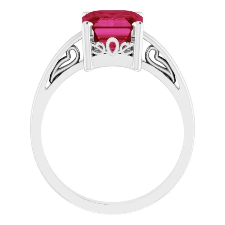 14K White Lab-Grown Ruby Scroll Setting® Ring