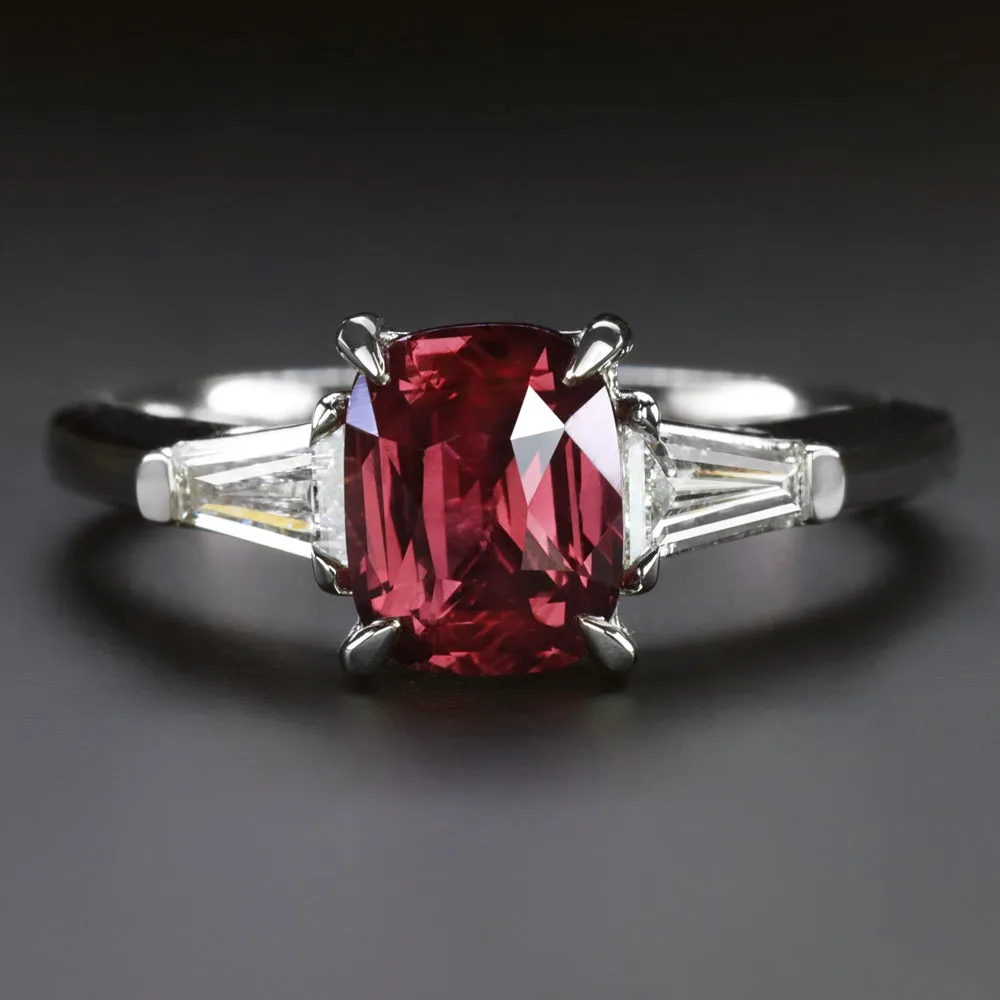 1.77ct RUBY DIAMOND ENGAGEMENT RING PLATINUM GIA CERTIFIED 3 STONE CUSHION SHAPE