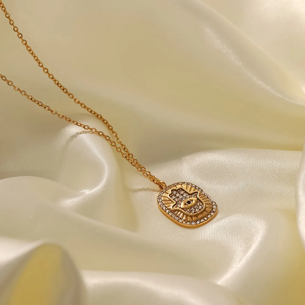 18K Gold Plated Geometric Transparent Zircon Palm Oval Eye Pendant Necklace