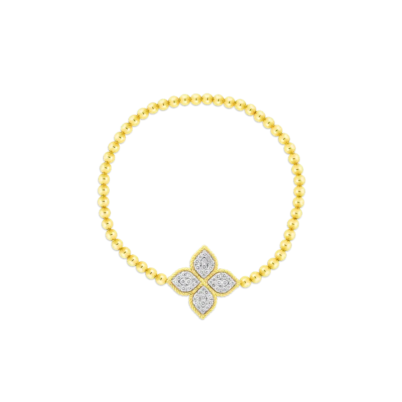 18K Gold Princess Flower With Large Diamond Flower Stretch Bracelet