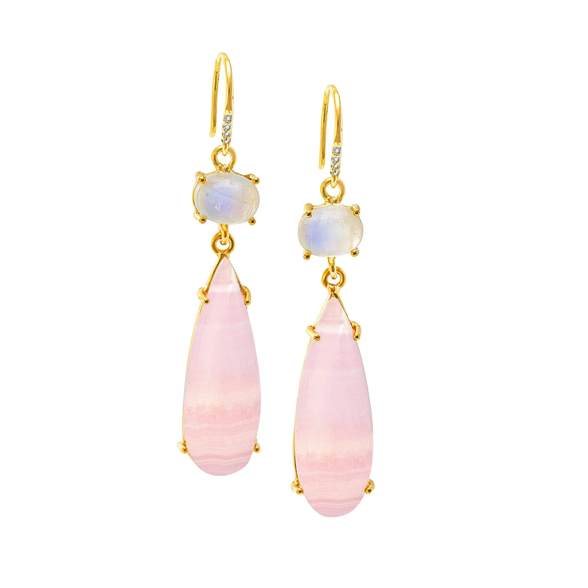 18k Gold Vermeil Moonstone and Pink Aragonite Hook Earrings: The Claudia