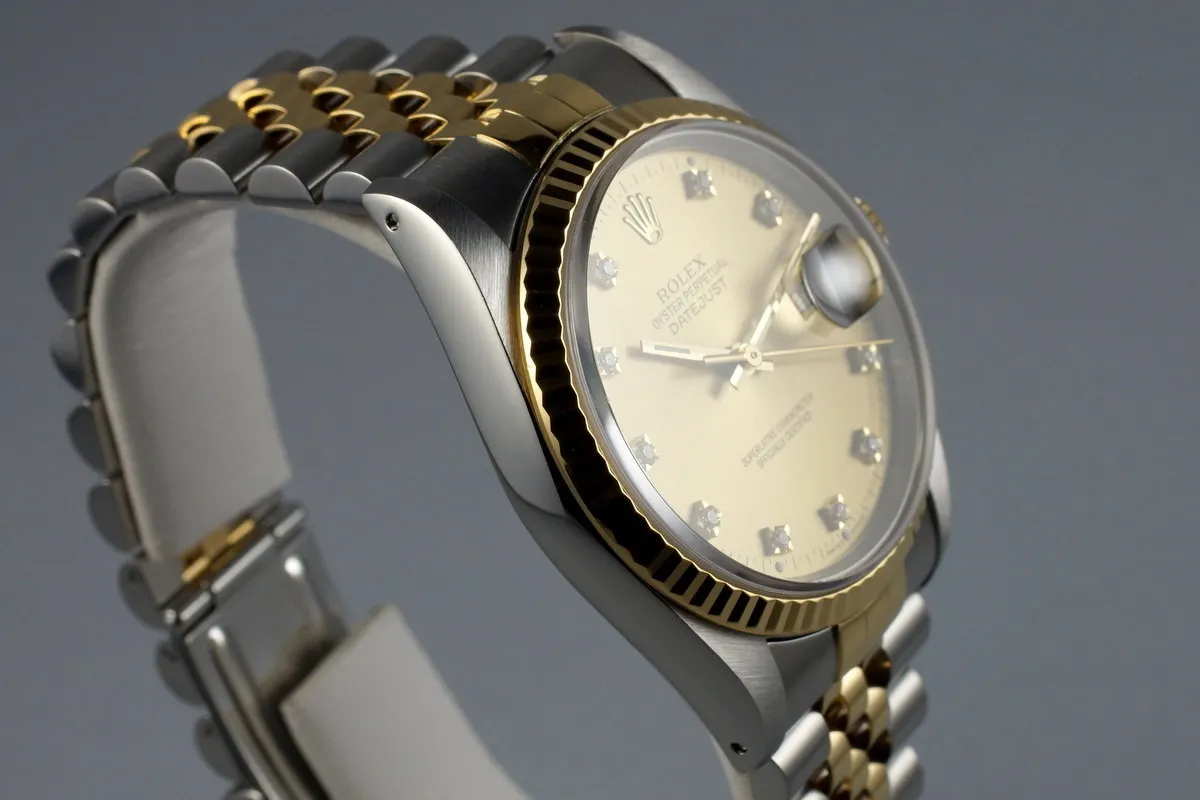 1993 Rolex Two Tone DateJust 16233 Factory Diamond Champagne Dial with Box and Papers