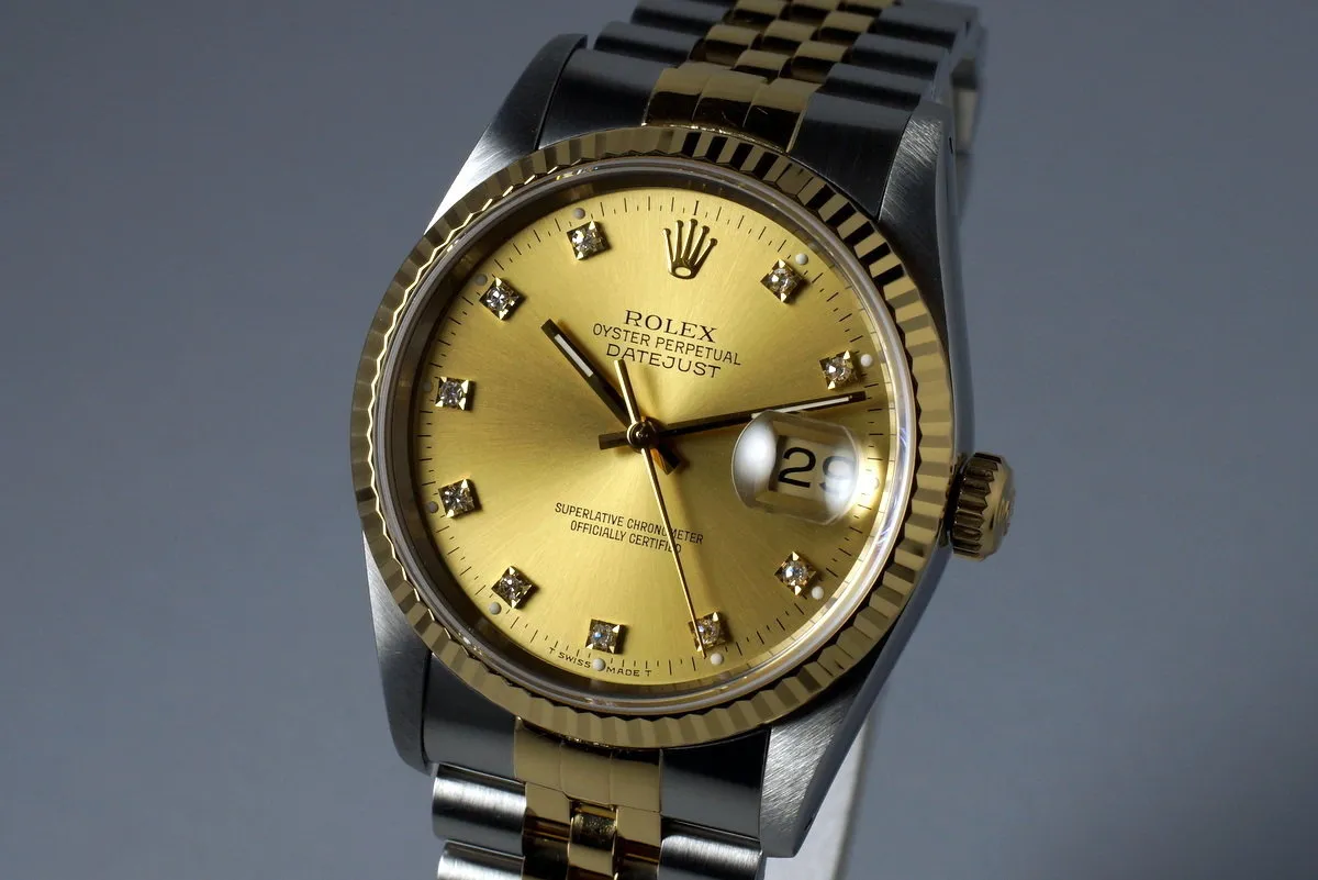 1993 Rolex Two Tone DateJust 16233 Factory Diamond Champagne Dial with Box and Papers