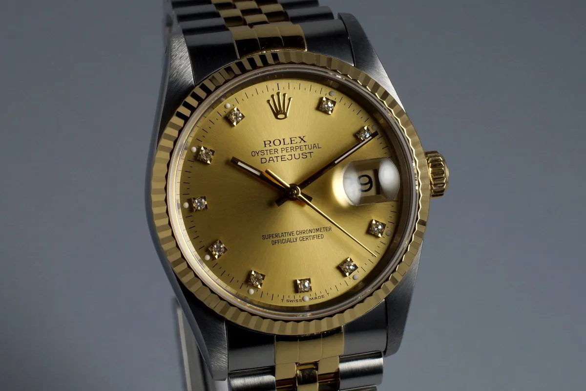 1993 Rolex Two Tone DateJust 16233 Factory Diamond Champagne Dial with Box and Papers