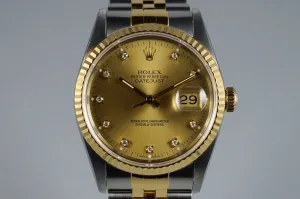 1993 Rolex Two Tone DateJust 16233 Factory Diamond Champagne Dial with Box and Papers