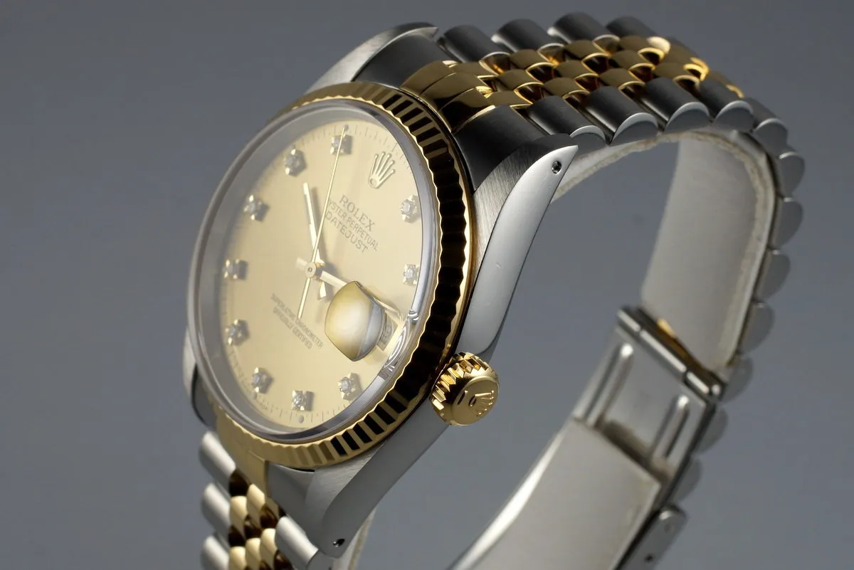 1993 Rolex Two Tone DateJust 16233 Factory Diamond Champagne Dial with Box and Papers