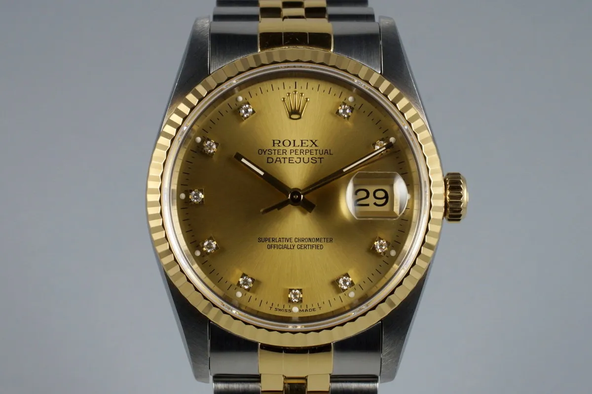 1993 Rolex Two Tone DateJust 16233 Factory Diamond Champagne Dial with Box and Papers