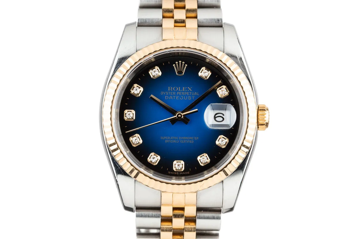 2003 Rolex Two Tone DateJust 116233 with No Lume Blue Diamond Vignette Dial