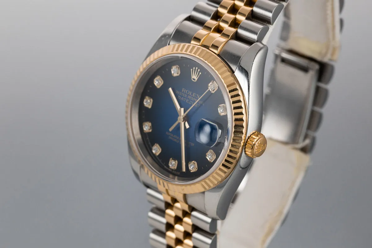 2003 Rolex Two Tone DateJust 116233 with No Lume Blue Diamond Vignette Dial