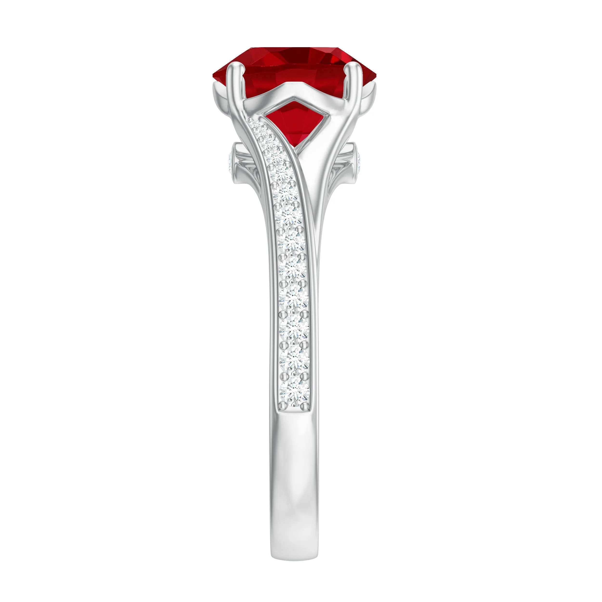 2.75 CT Round Created Ruby Solitaire Ring with Diamond in Split Shank