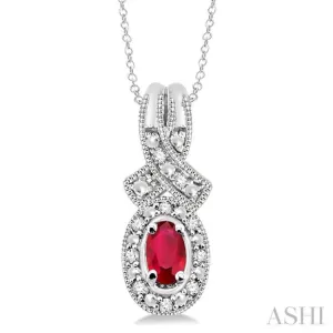 5x3 MM Oval Cut Ruby and 1/50 Ctw Single Cut Diamond Pendant in Sterling Silver with Chain