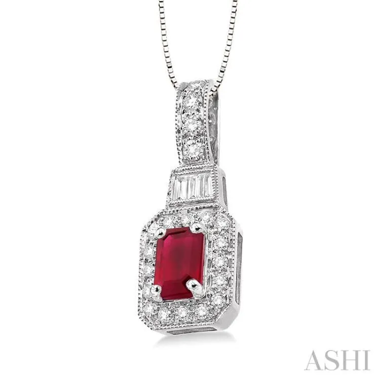 6x4 MM Octagon Cut Ruby and 1/4 Ctw Round and Baguette Cut Diamond Pendant in 14K White Gold with Chain