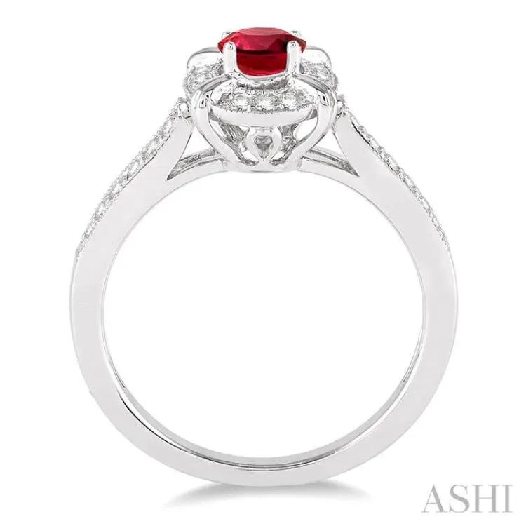 6x4 MM Oval Shape Ruby and 1/6 Ctw Single Cut Diamond Ring in 10K White Gold