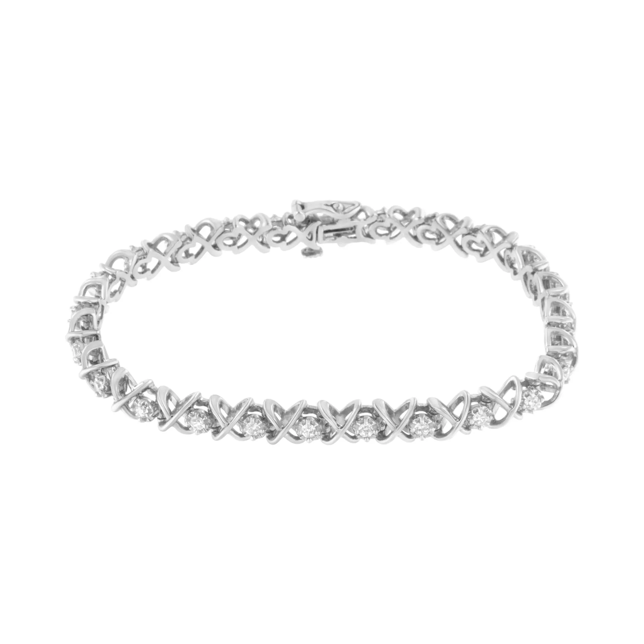 .925 Sterling Silver 1 cttw Brilliant Round-Cut Diamond "X" Link Bracelet (I-J Clarity, I2-I3 Color) - Size 7"