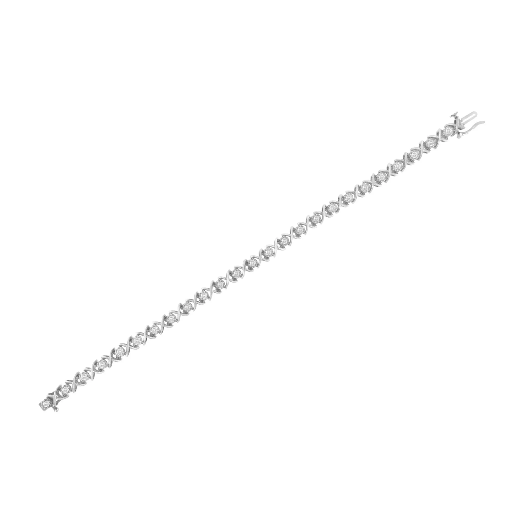 .925 Sterling Silver 1 cttw Brilliant Round-Cut Diamond "X" Link Bracelet (I-J Clarity, I2-I3 Color) - Size 7"