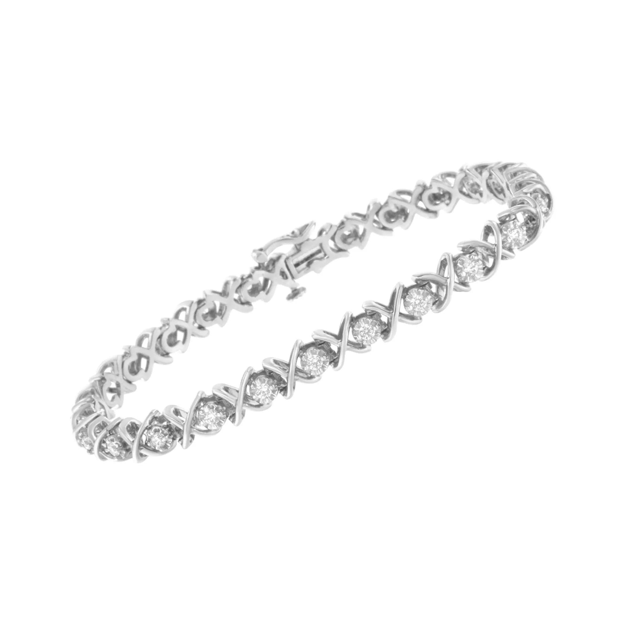 .925 Sterling Silver 1 cttw Brilliant Round-Cut Diamond "X" Link Bracelet (I-J Clarity, I2-I3 Color) - Size 7"