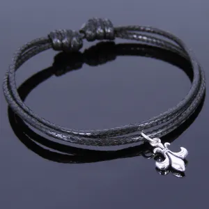 925 Sterling Silver Vintage Fleur de Lis Pendant Handmade Adjustable Wax Rope Bracelet Men Women DiyNotion BR416