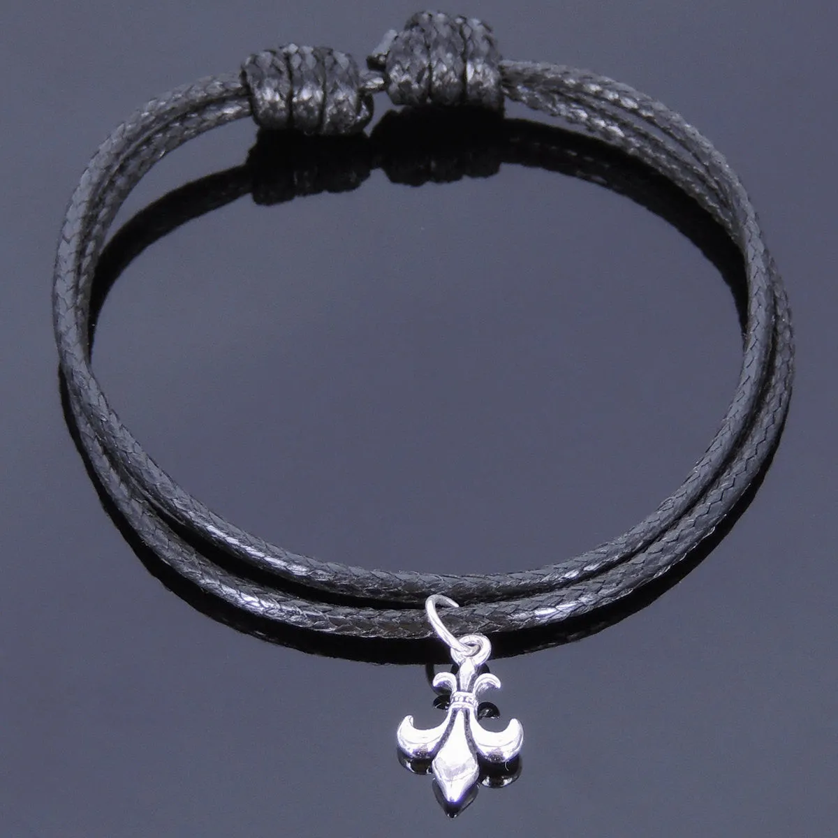 925 Sterling Silver Vintage Fleur de Lis Pendant Handmade Adjustable Wax Rope Bracelet Men Women DiyNotion BR416