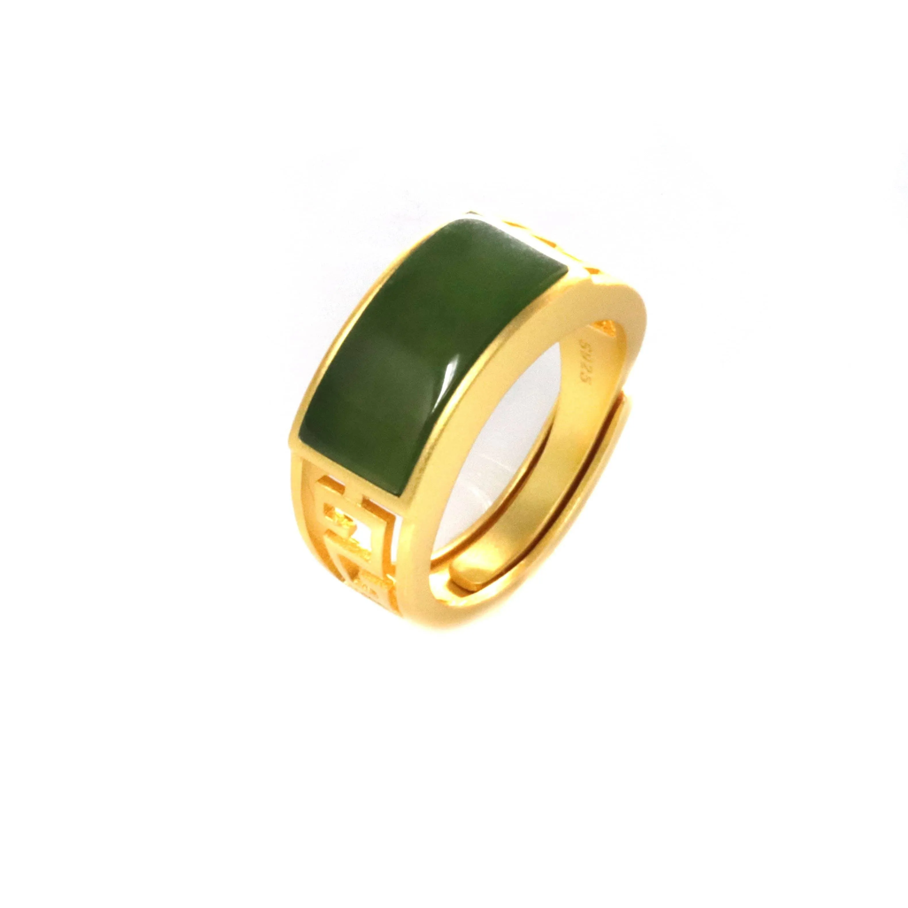 Baikalla™ "Classic Signet" Gold Plated Sterling Silver Real Green Jade Classic Men's Ring