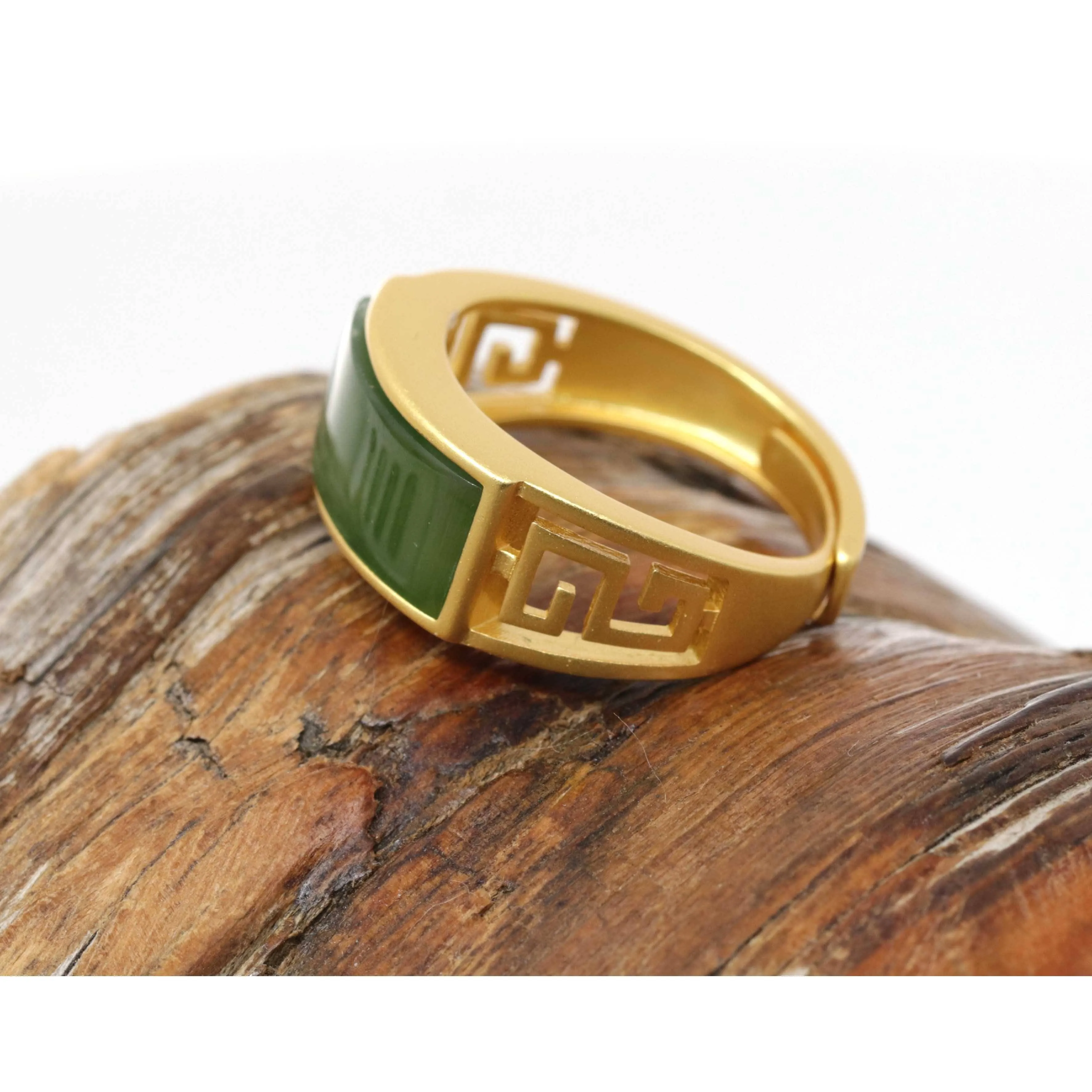 Baikalla™ "Classic Signet" Gold Plated Sterling Silver Real Green Jade Classic Men's Ring