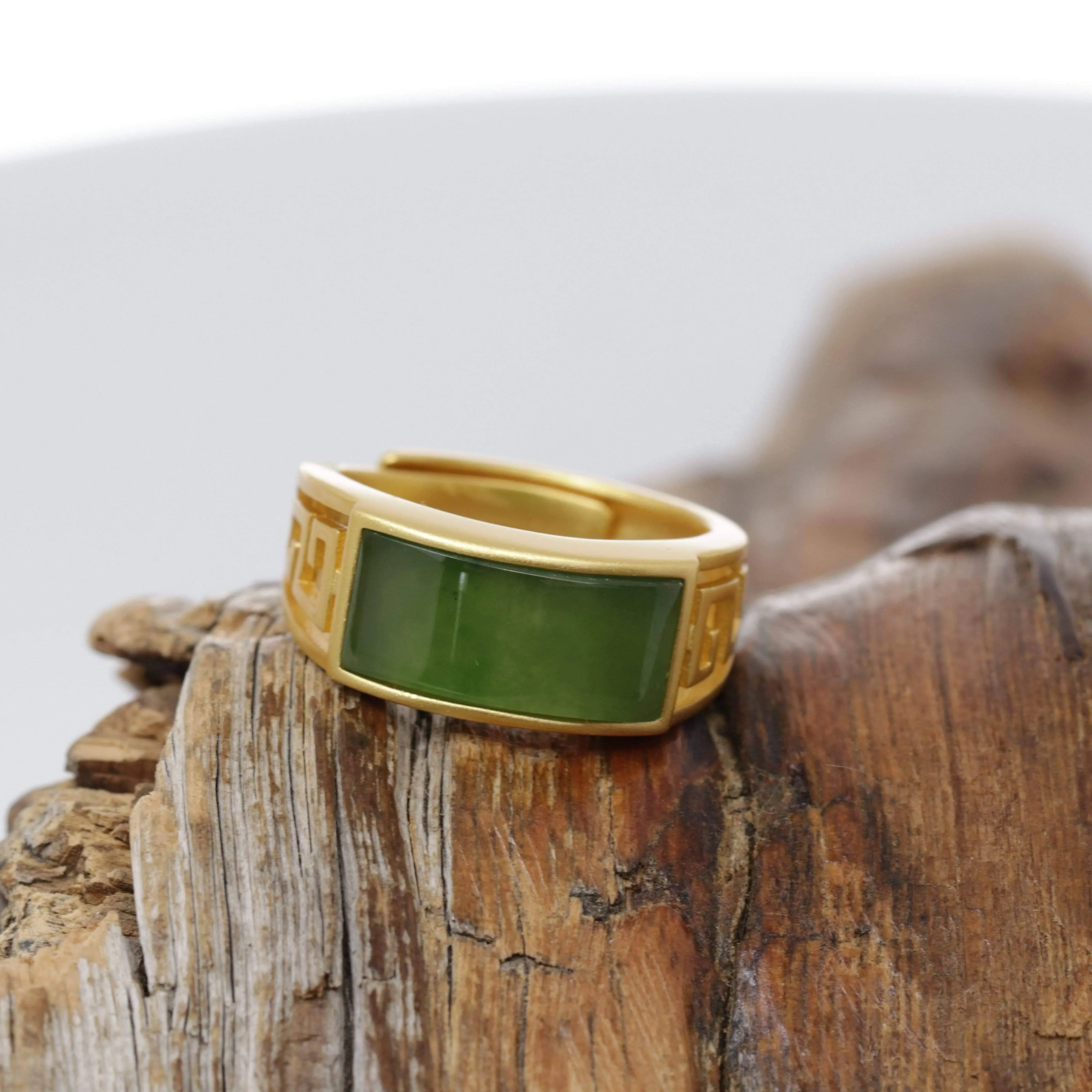 Baikalla™ "Classic Signet" Gold Plated Sterling Silver Real Green Jade Classic Men's Ring