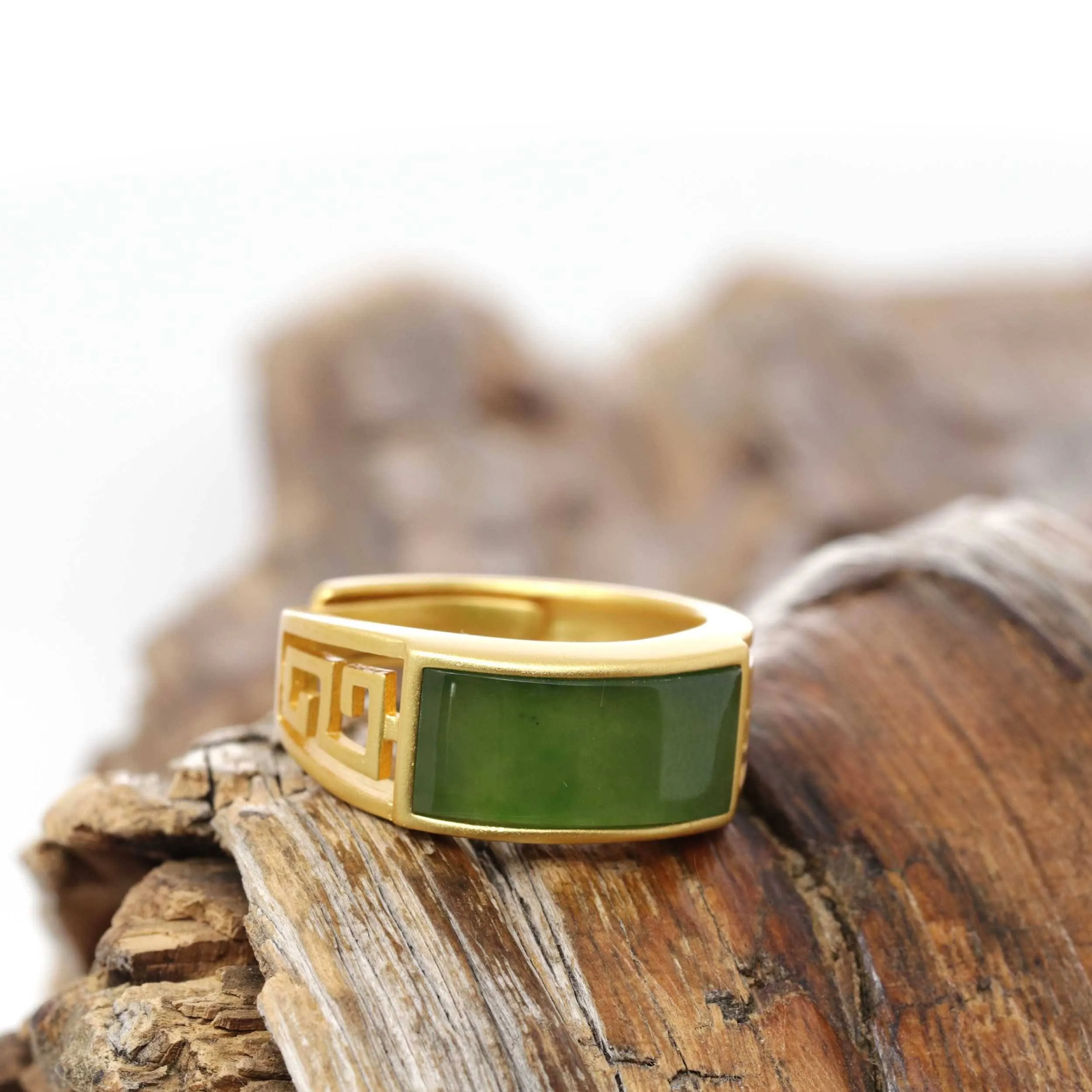 Baikalla™ "Classic Signet" Gold Plated Sterling Silver Real Green Jade Classic Men's Ring