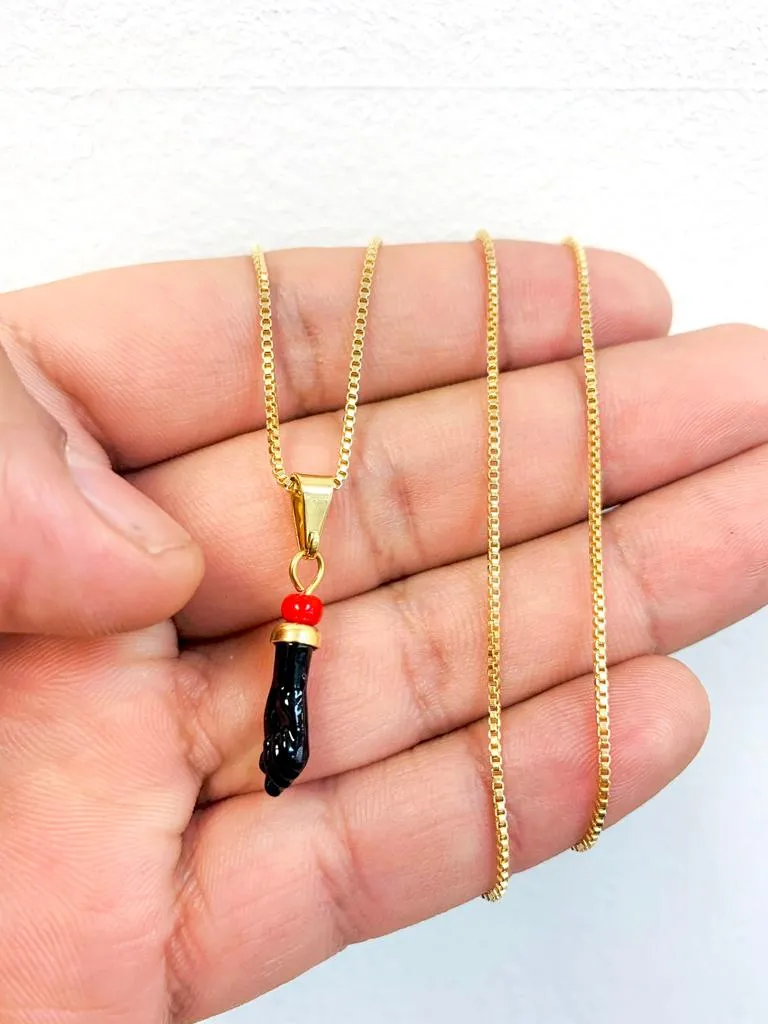 Black Azabache Hand Necklace Box Link Chain 18" INCH 18K Gold Filled For Womens / Everyday Azabache Necklace Protection Jewelry / Cadena Dije de Azabache