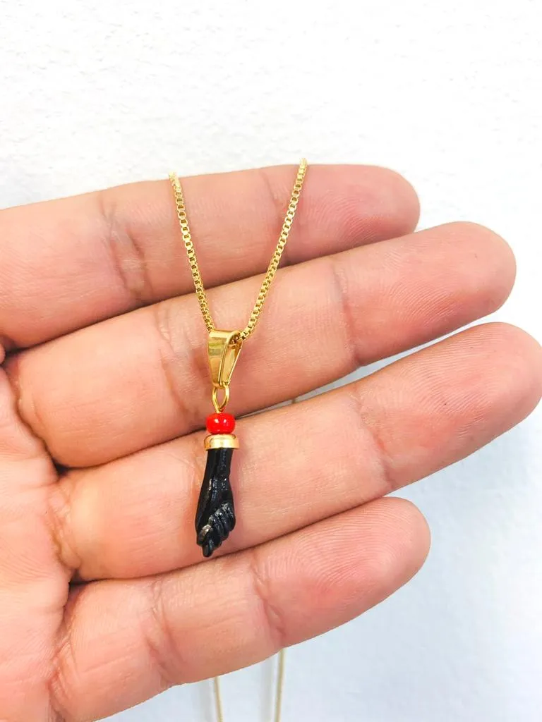 Black Azabache Hand Necklace Box Link Chain 18" INCH 18K Gold Filled For Womens / Everyday Azabache Necklace Protection Jewelry / Cadena Dije de Azabache