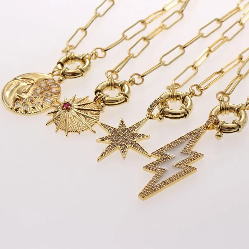 Celestial Lightning, Moon, and Star Pendant Necklaces