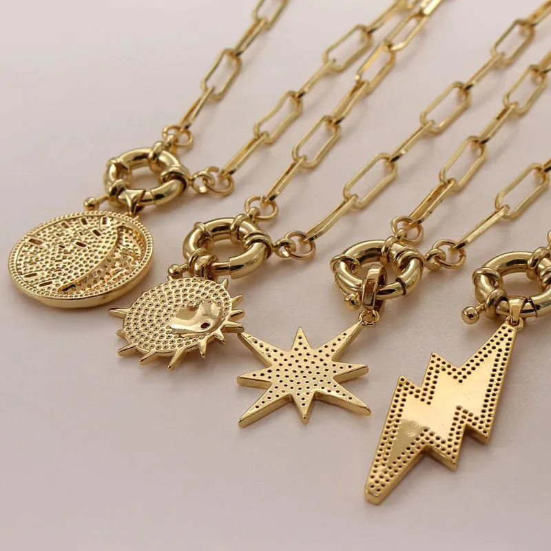 Celestial Lightning, Moon, and Star Pendant Necklaces