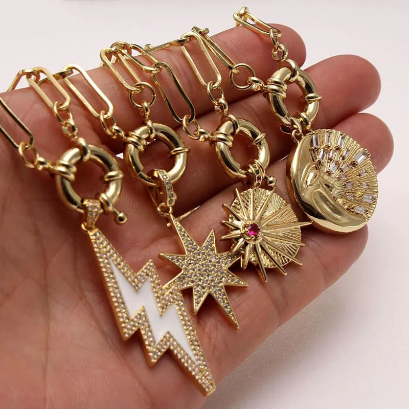 Celestial Lightning, Moon, and Star Pendant Necklaces