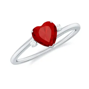 Certified Lab Grown Ruby Heart Solitaire Ring with Diamond