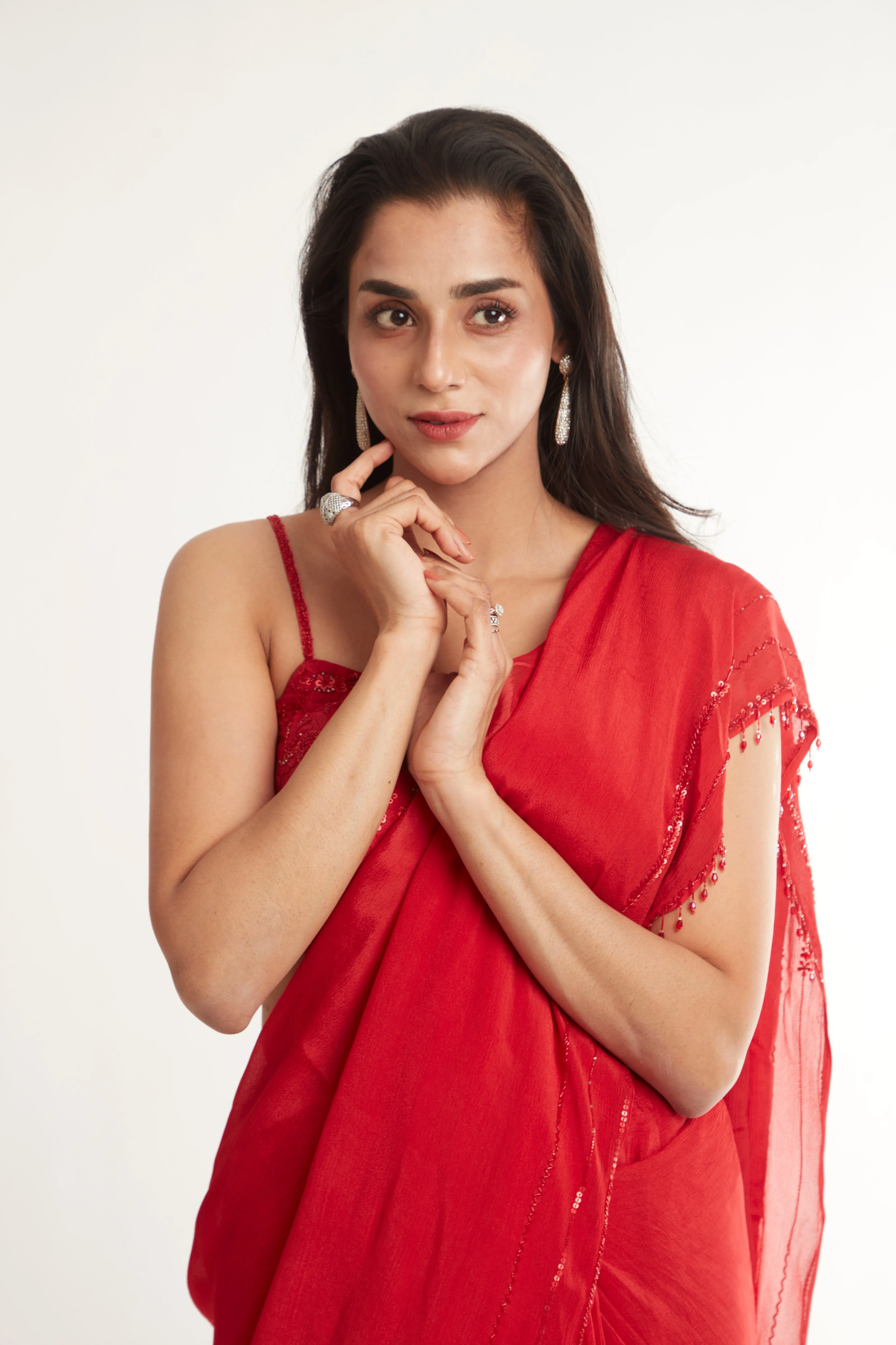 Charita Varma in Ruby Red Saree Set