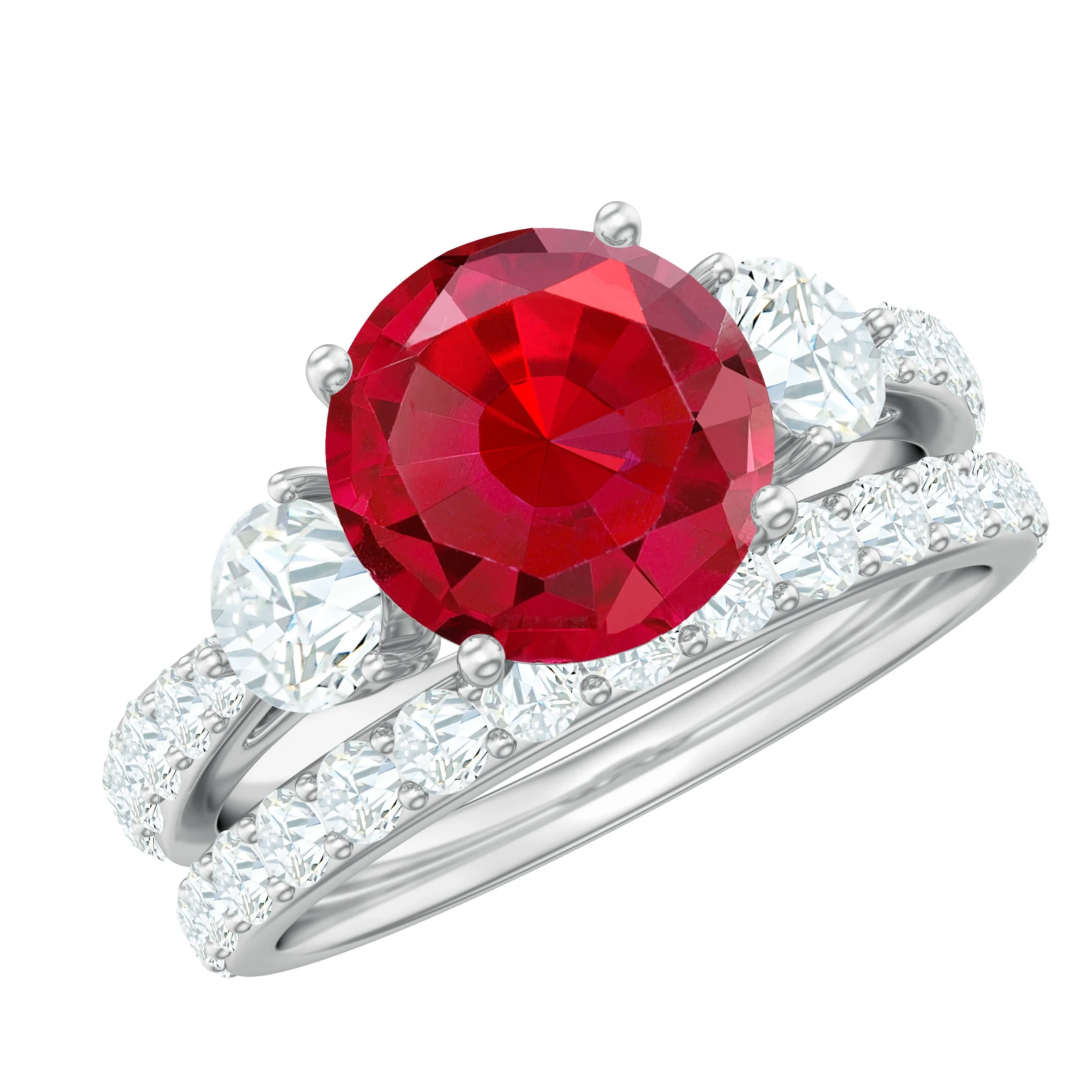 Classic Created Ruby Bridal Ring Set with Moissanite in Gold