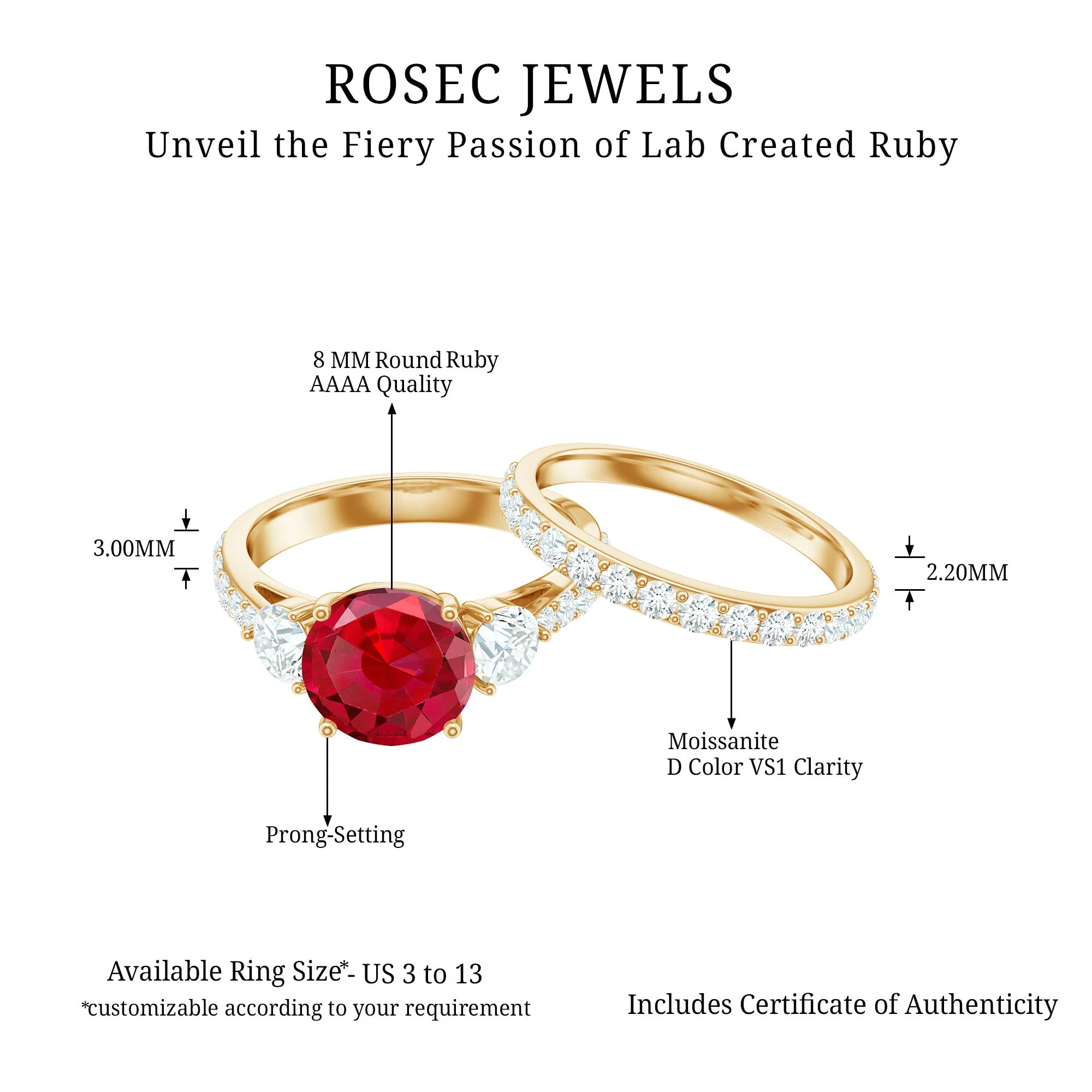 Classic Created Ruby Bridal Ring Set with Moissanite in Gold