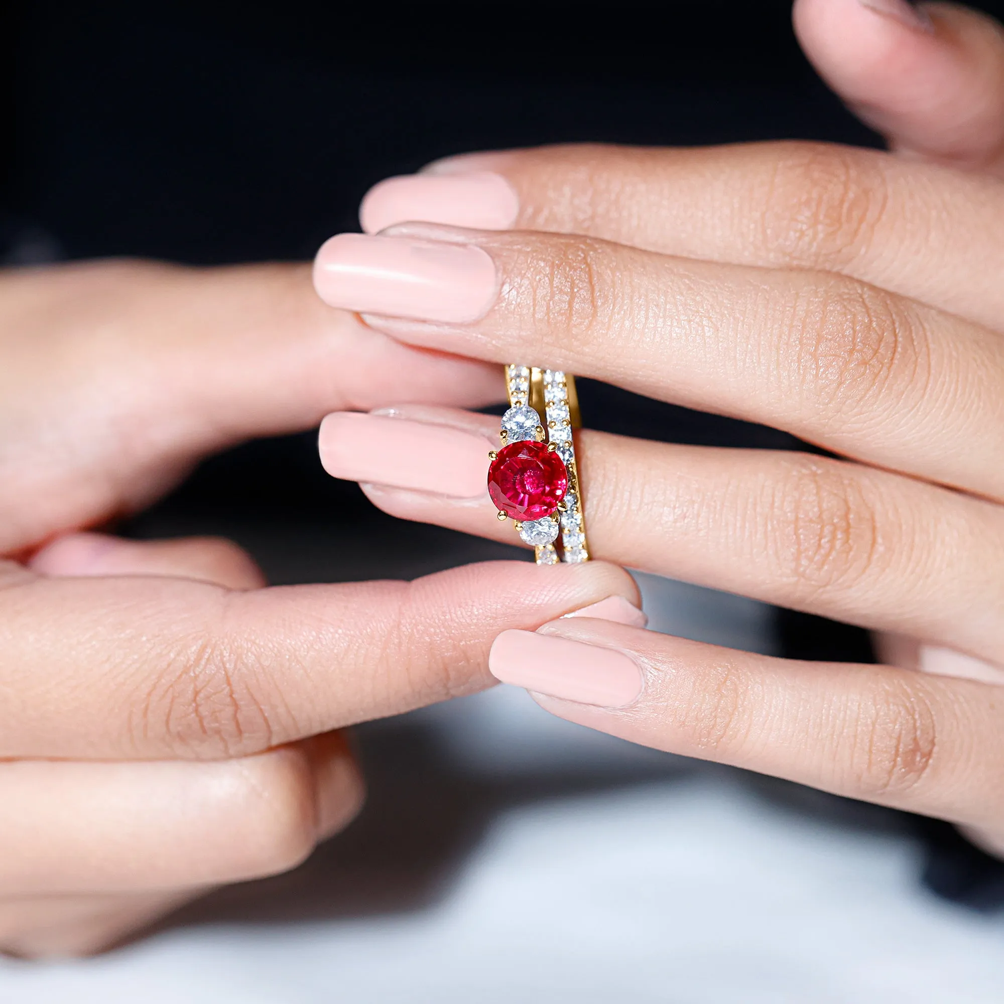 Classic Created Ruby Bridal Ring Set with Moissanite in Gold