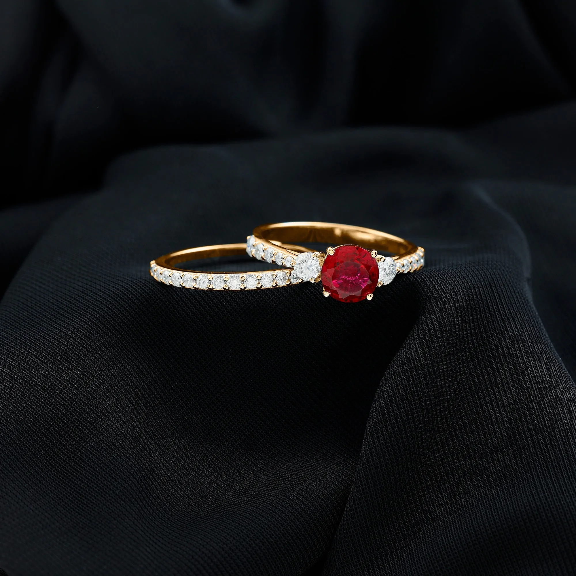 Classic Created Ruby Bridal Ring Set with Moissanite in Gold