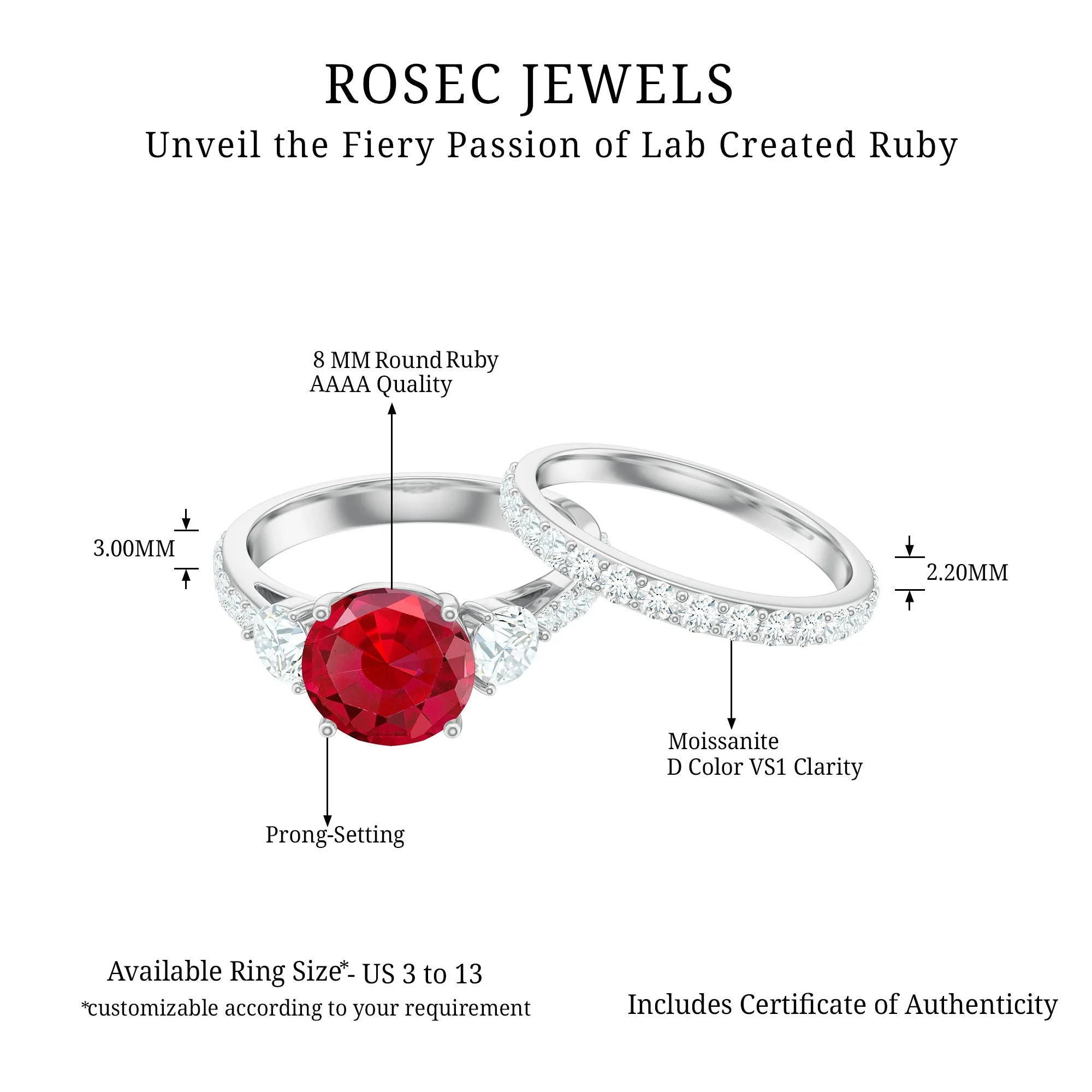 Classic Created Ruby Bridal Ring Set with Moissanite in Gold