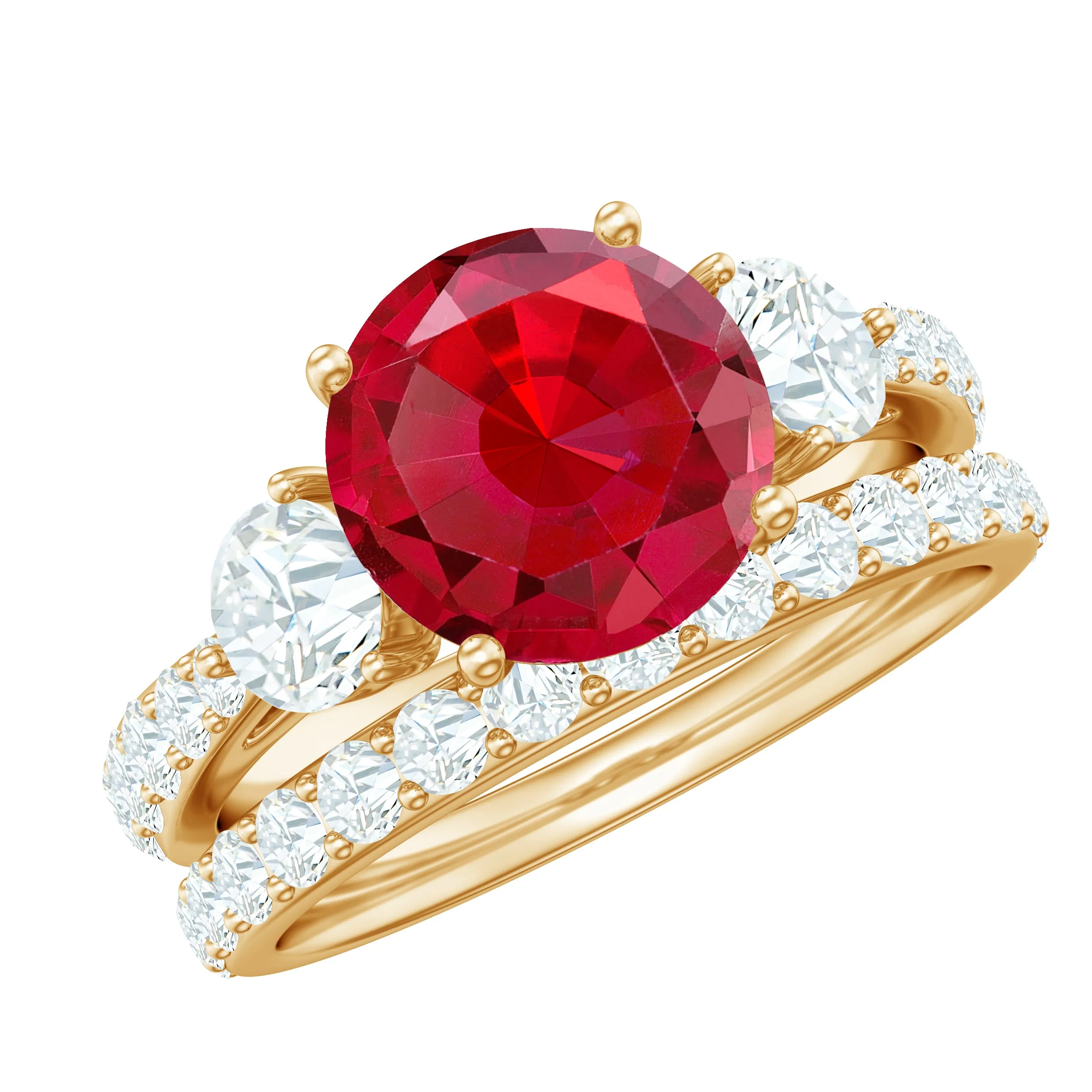 Classic Created Ruby Bridal Ring Set with Moissanite in Gold