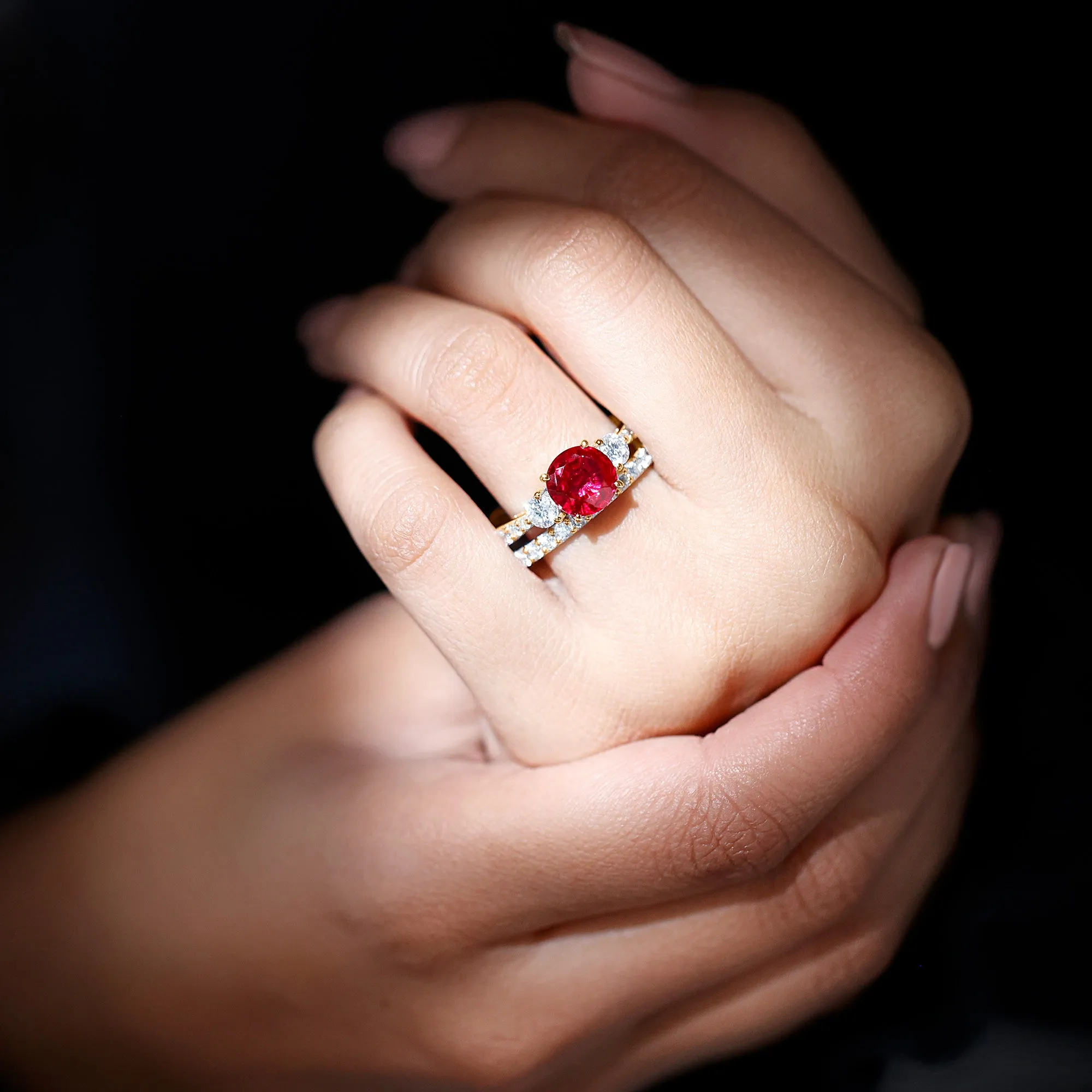 Classic Created Ruby Bridal Ring Set with Moissanite in Gold