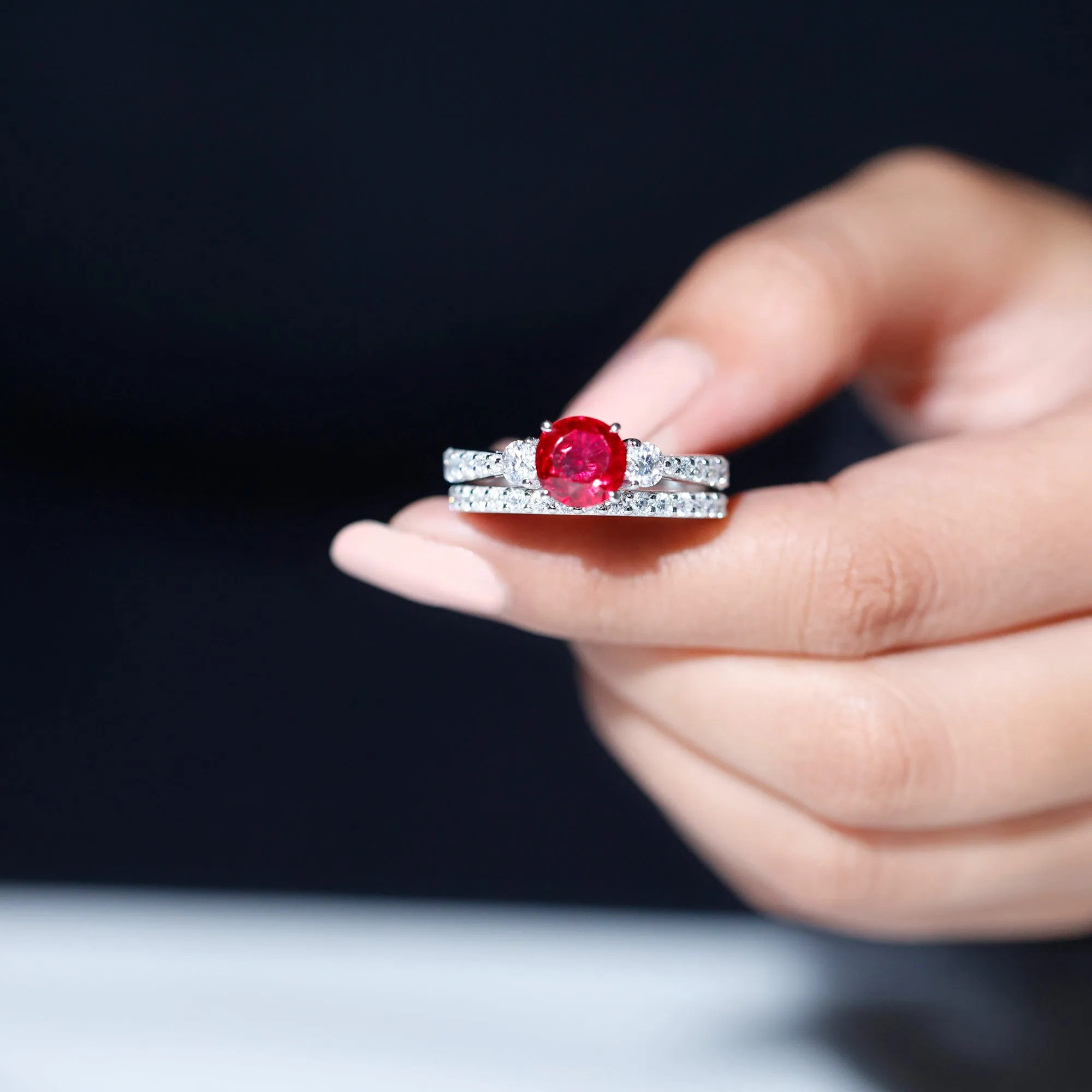 Classic Created Ruby Bridal Ring Set with Moissanite in Gold