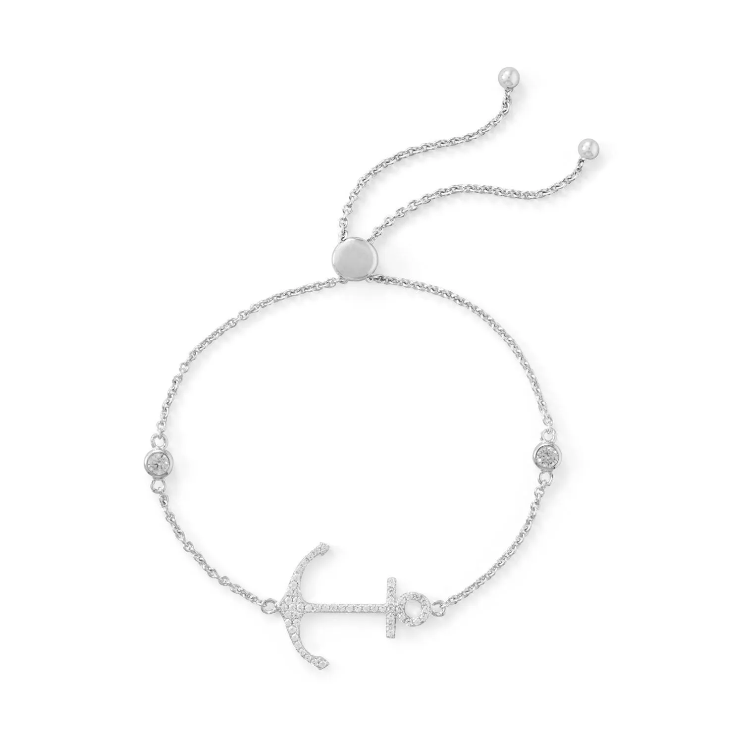 CZ Anchor Sterling Silver Friendship Bolo Bracelet