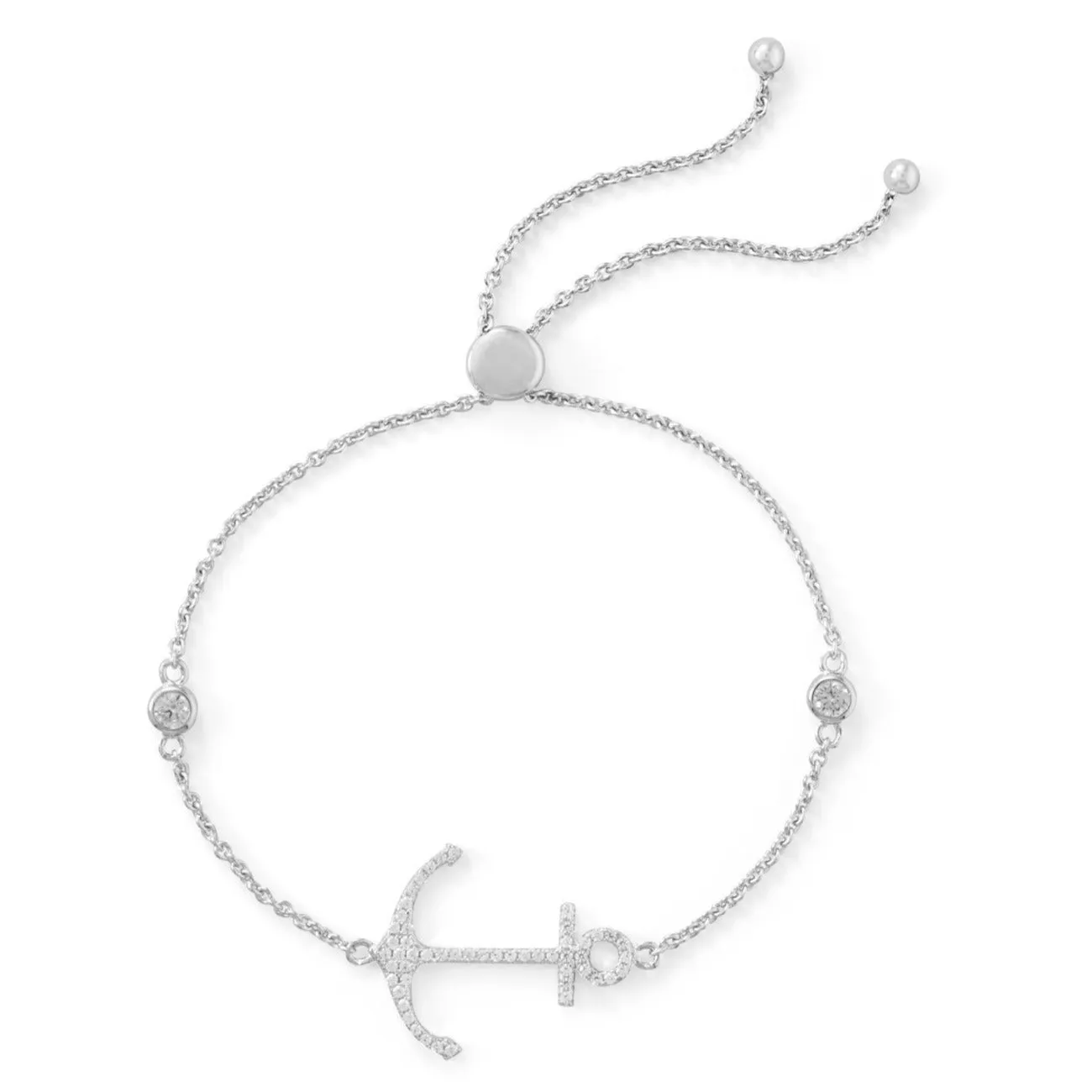 CZ Anchor Sterling Silver Friendship Bolo Bracelet