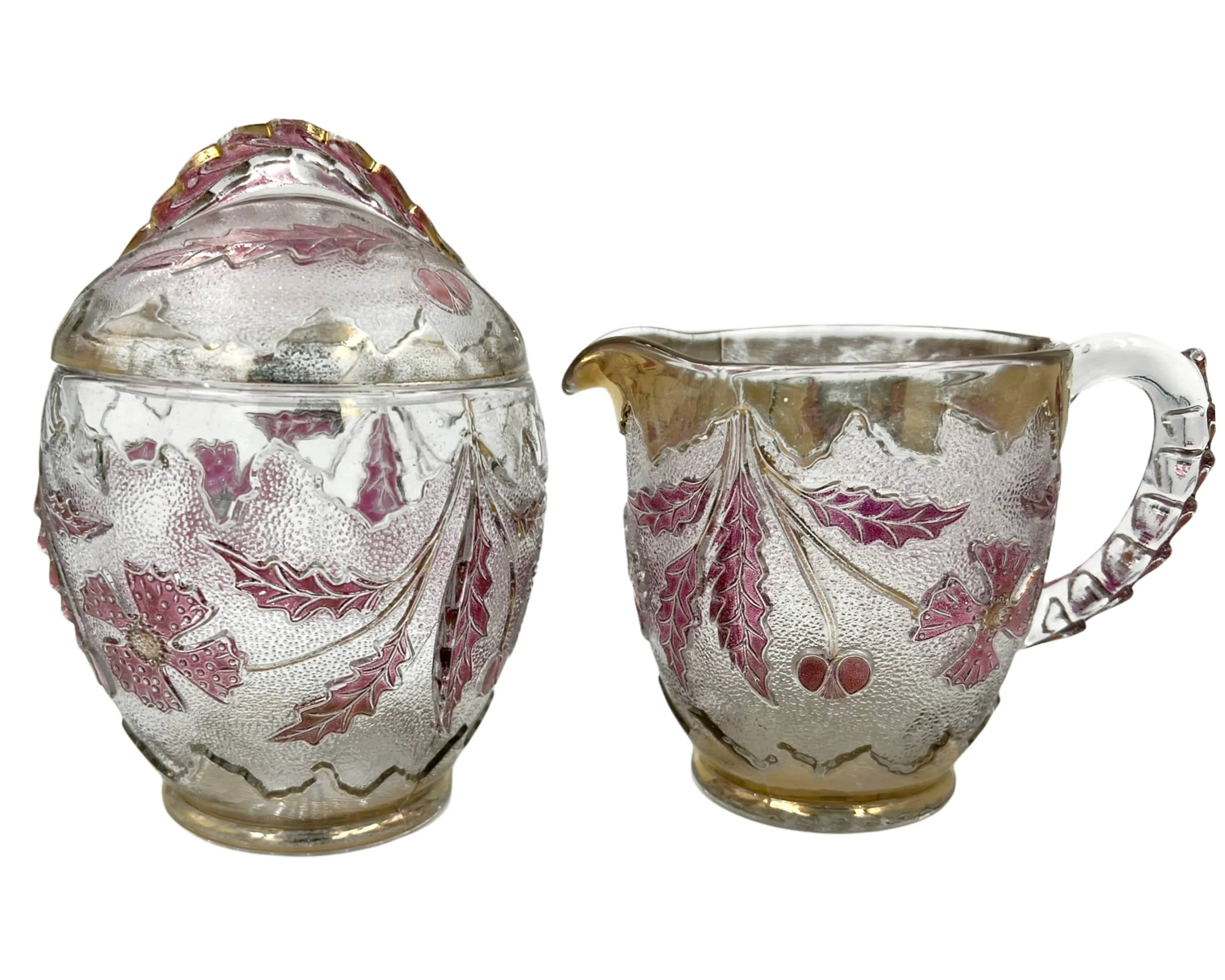 EAPG US Glass Delaware Creamer & Sugar Reverse Cranberry Rose Stained