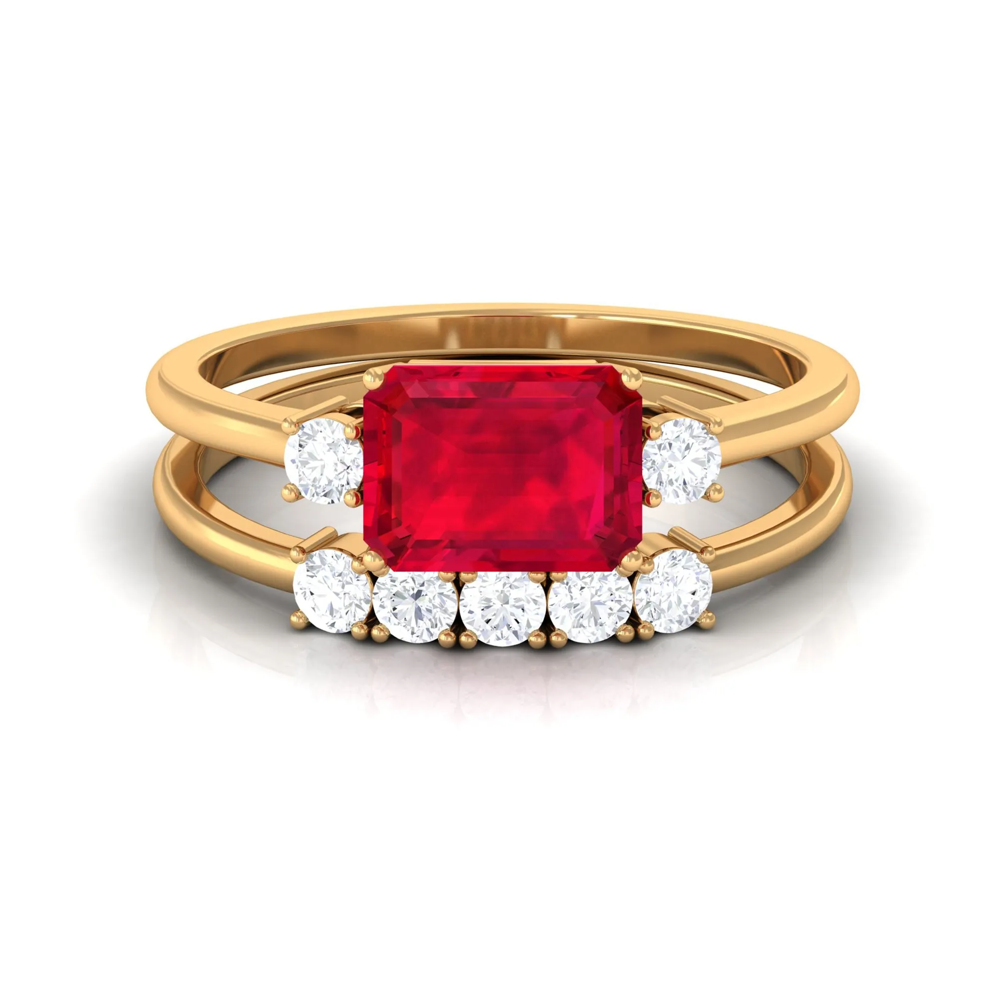 Emerald Cut Created Ruby Contemporary Wedding Ring Set with Diamond