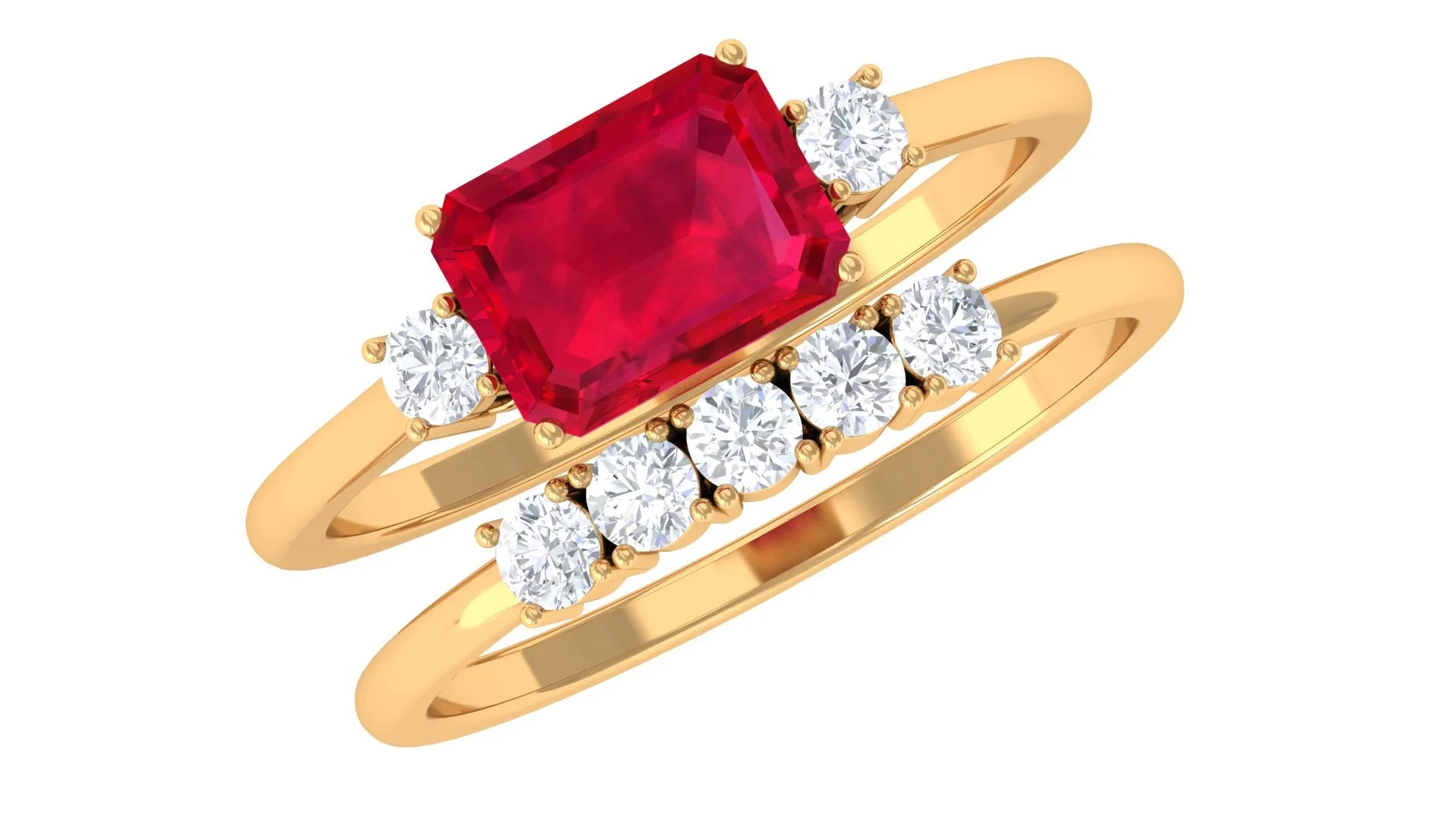 Emerald Cut Created Ruby Contemporary Wedding Ring Set with Diamond