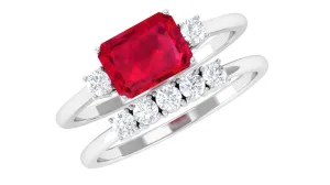 Emerald Cut Created Ruby Contemporary Wedding Ring Set with Diamond