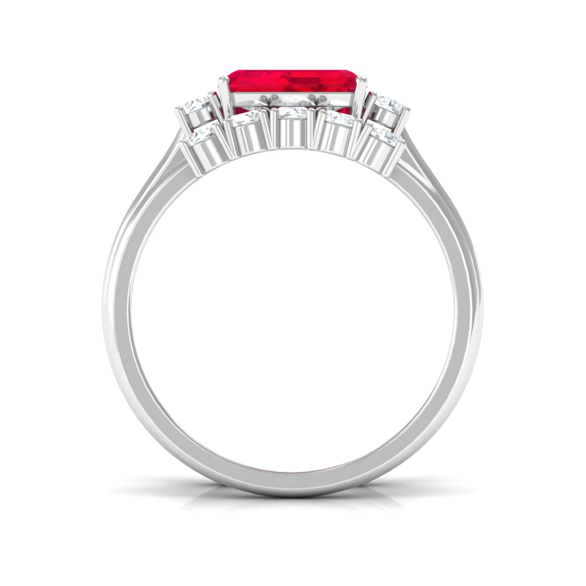 Emerald Cut Created Ruby Contemporary Wedding Ring Set with Diamond